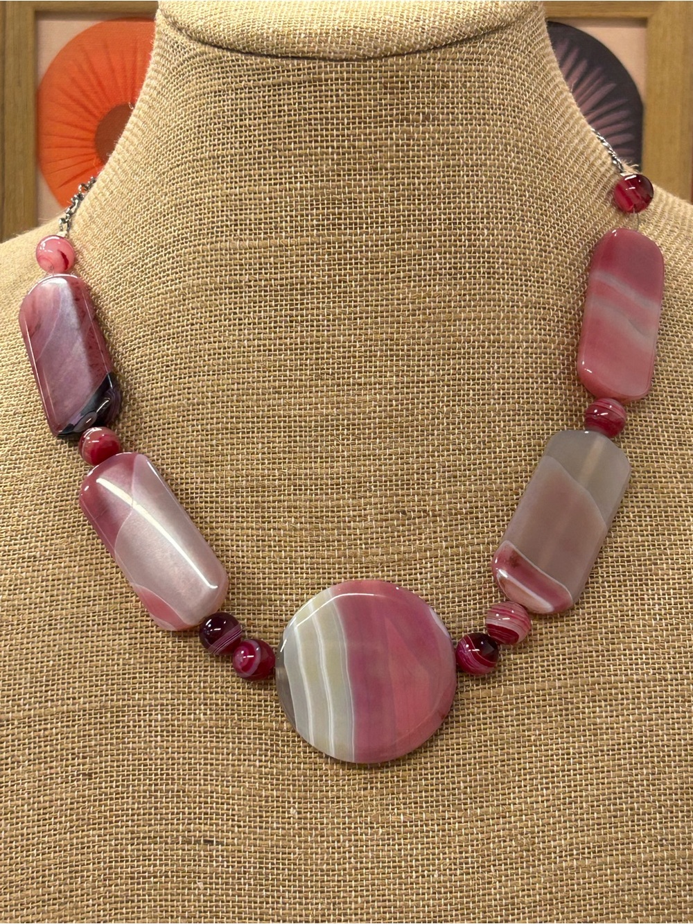 Banded pink agate statement necklace Sterling clasp